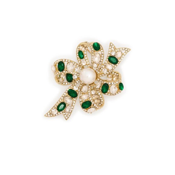 Kenneth Jay Lane, Emerald & Crystal Bow Pin with Pearl Center - Picture 1 of 4